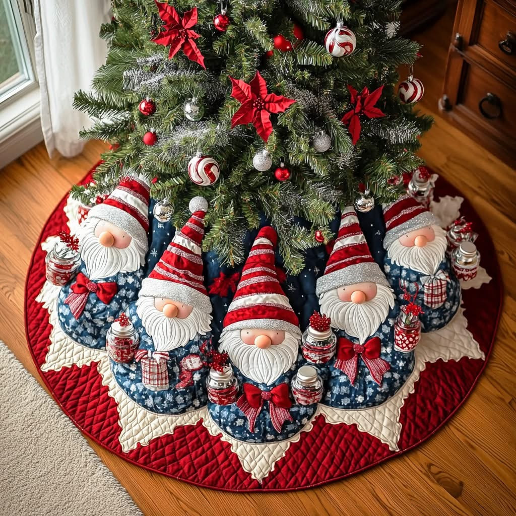 Gnomes Christmas Quilted Tree Skirt Best Xmas Decoration Gifts For Gnome Lovers