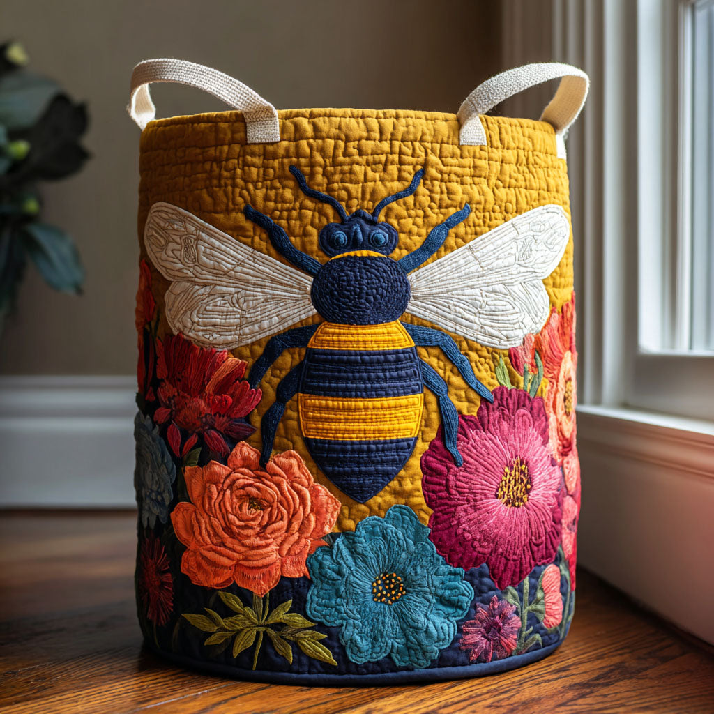 Golden Bee Quilted Laundry Basket Honey Bee Fabric Storage Bin Gift For Wife