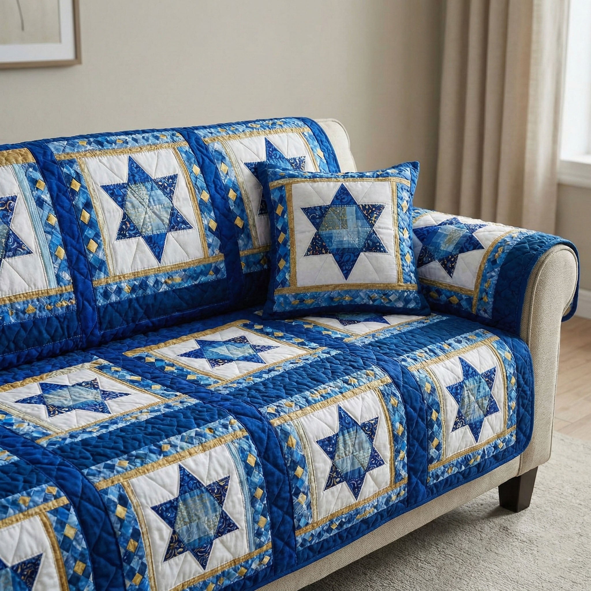 Golden Blue Stars Quilted Sofa Cover Furniture Covers For Sofas Good Hanukkah Gifts