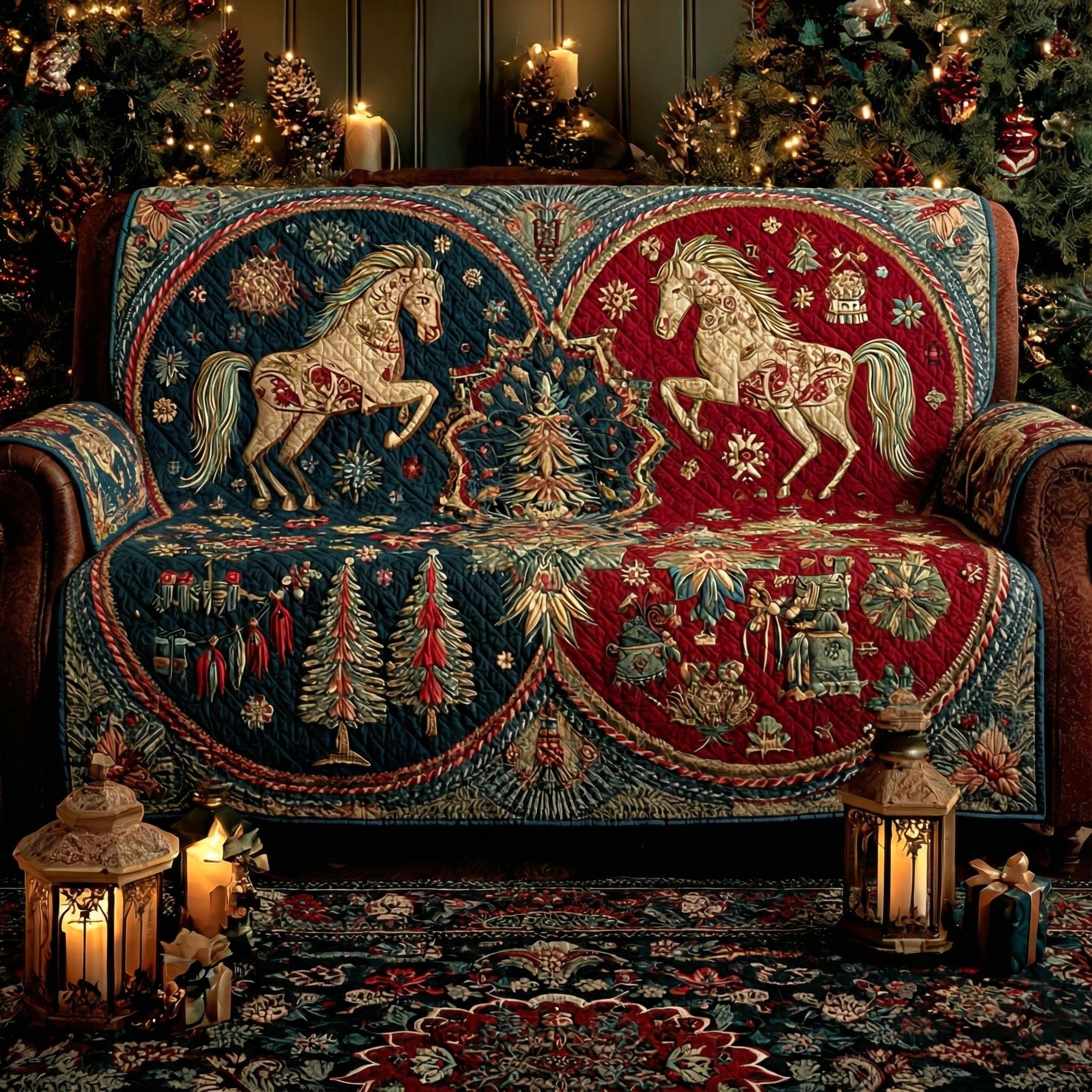 Golden Carousel Christmas Quilted Sofa Cover Christmas Couch Cover Gifts For Horsey Ladies
