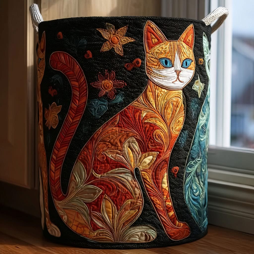 Golden Cat Quilted Laundry Basket Boho Storage Basket Gifts Idea For Cat Lovers