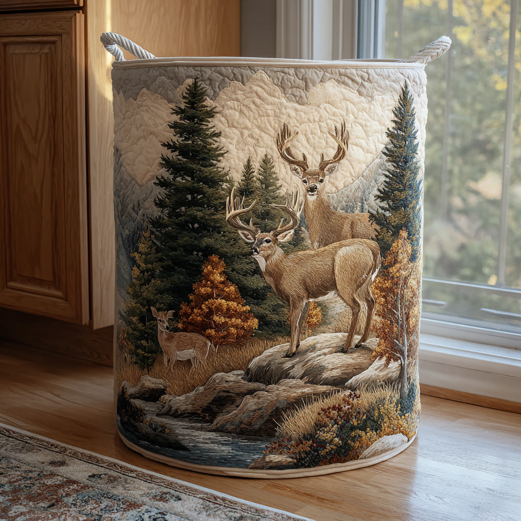 Golden Deer Quilted Laundry Basket Decorative Quilted Laundry Basket for Neat Spaces