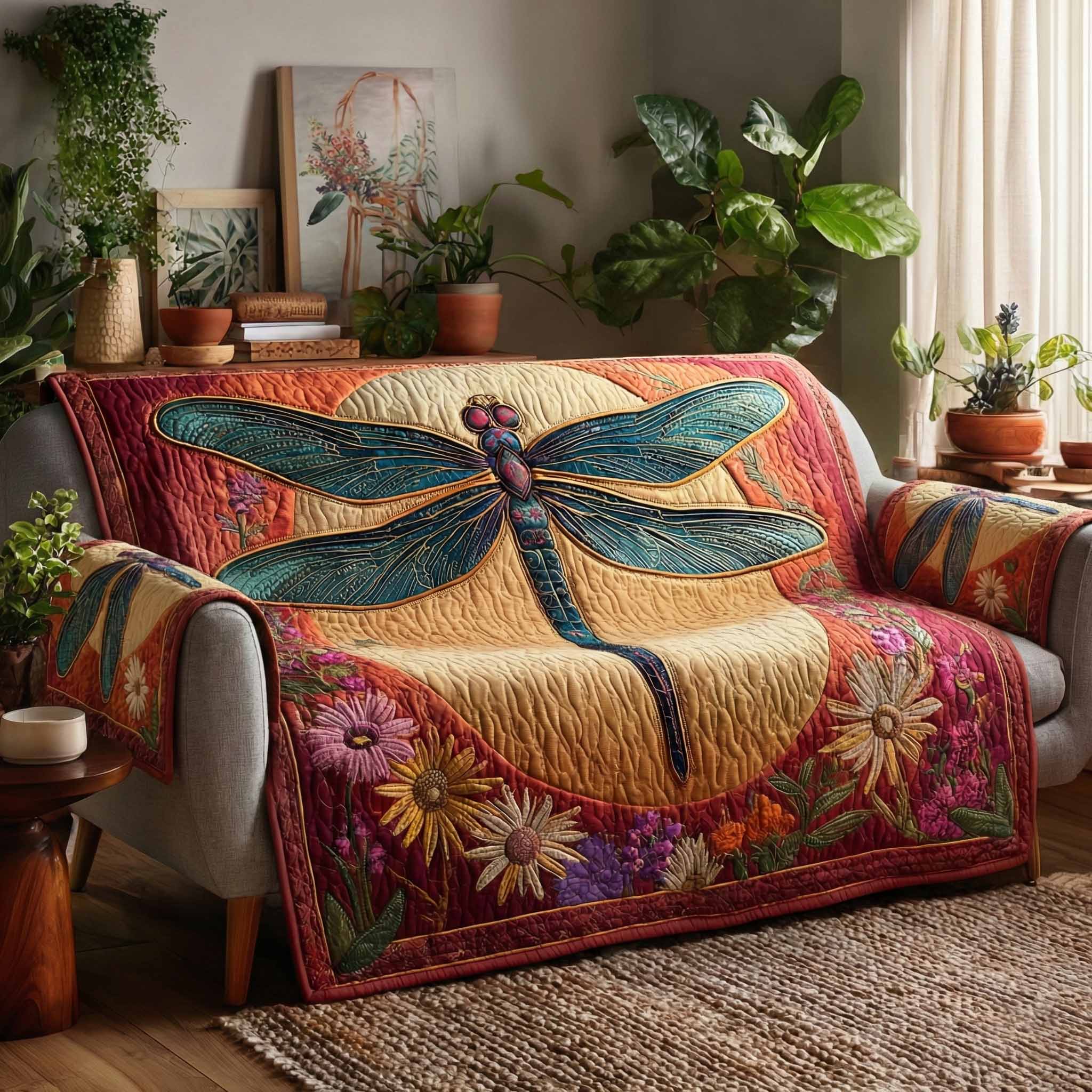 Golden Dragonfly Quilted Sofa Cover Modern Living Room Dragonfly Gifts For Her