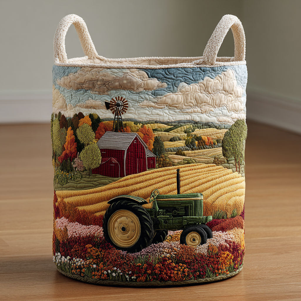 Golden Farm Quilted Laundry Basket Country Tractor Fabric Storage Bin Gift For Him