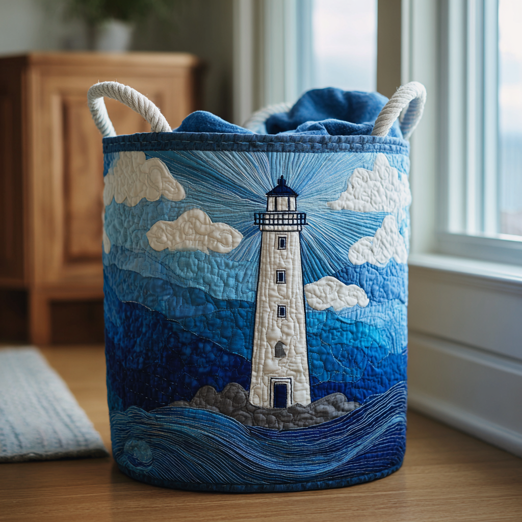 Golden Lighthouse Quilted Laundry Basket Elegant Quilted Laundry Tote Gift for Daily Organization