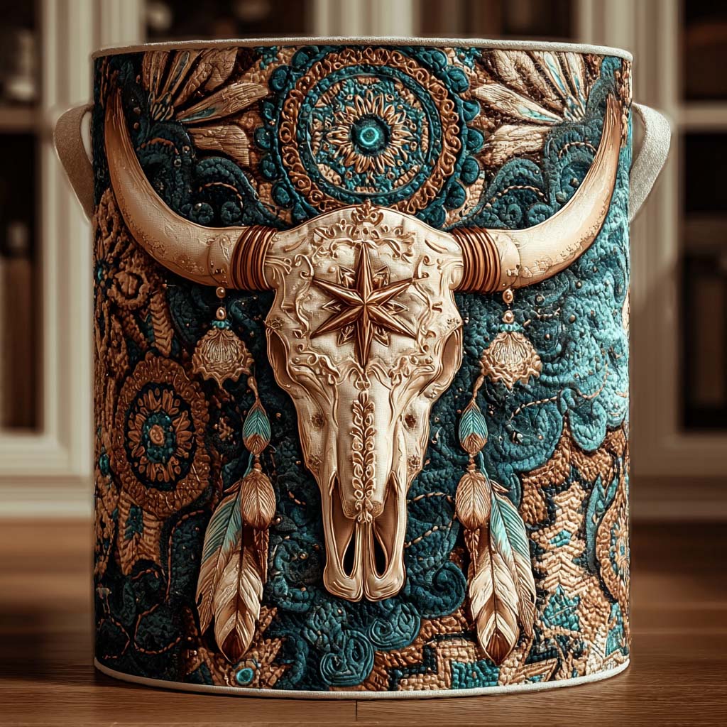 Golden Longhorn Quilted Laundry Basket Western Skull Hamper Gift For Mom