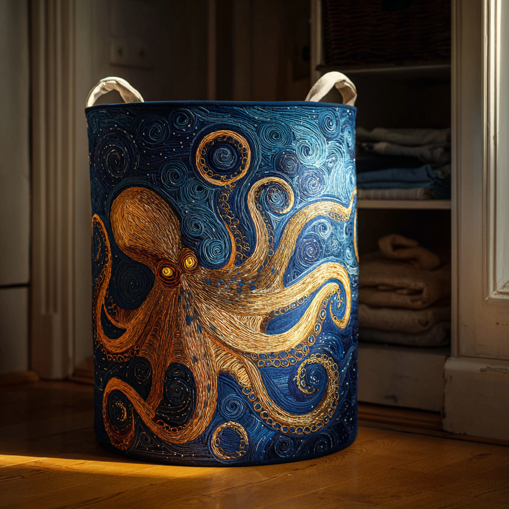 Golden Octopus Quilted Laundry Basket Stylish Laundry Basket with Quilted Texture and Handles