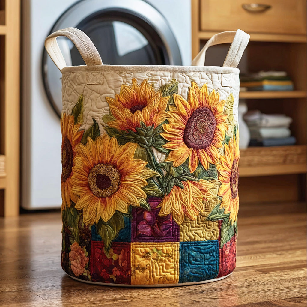 Golden Petals Quilted Laundry Basket Sunflower Floral Washing Basket Gift For Her