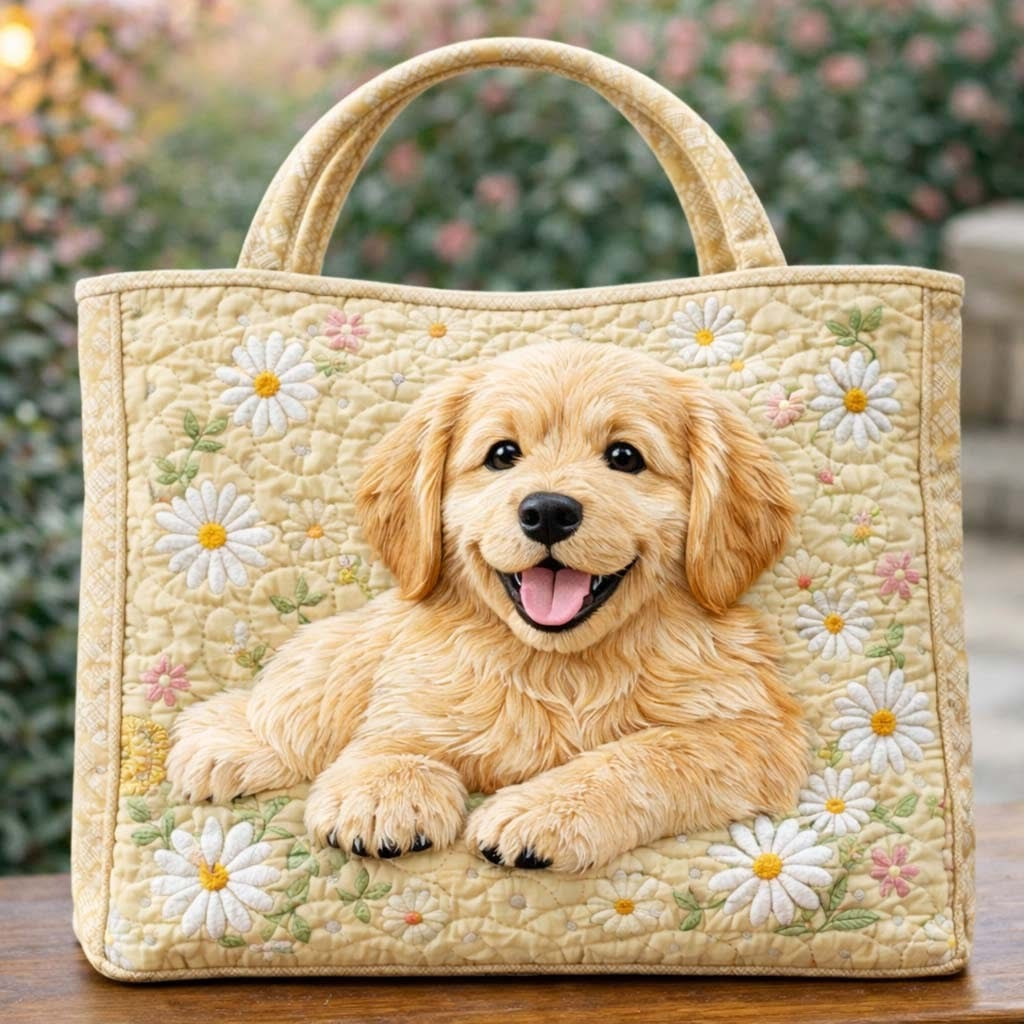 Golden Pup Daisy Quilted Tote Bag Cute Animal Bag Best Gifts For Dog Lovers
