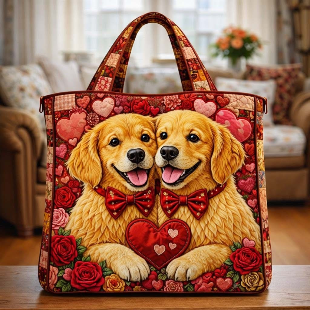 Golden Puppy Love Pari Quilted Tote Bag Valentines Day Gifts For Dog Lovers For Her