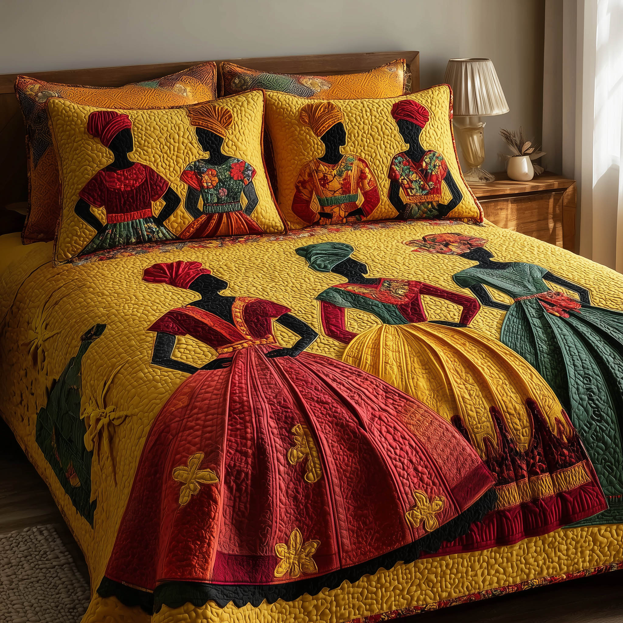 Golden Queens Quilted Bedding Set Cultural Bedroom Decor Chic Gift For Her