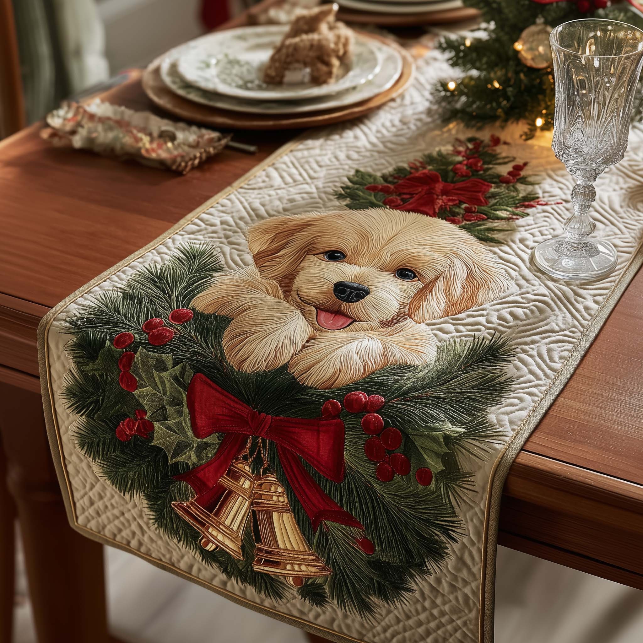 Golden Retriever Quilted Table Runner Rustic Kitchen Dining Decor Gift For Cozy Family Home