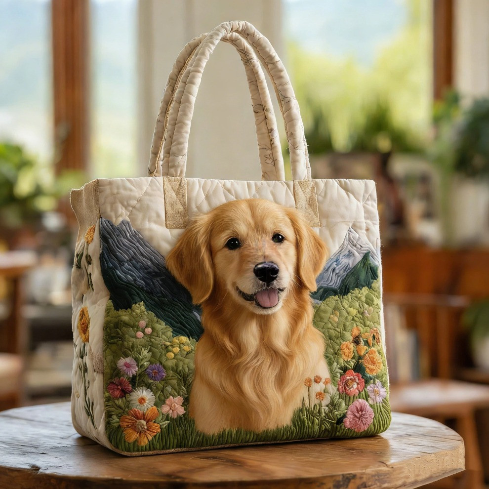 Golden Retriever Quilted Tote Bag Spring Floral Dog Totes Unique Golden Retriever Gifts