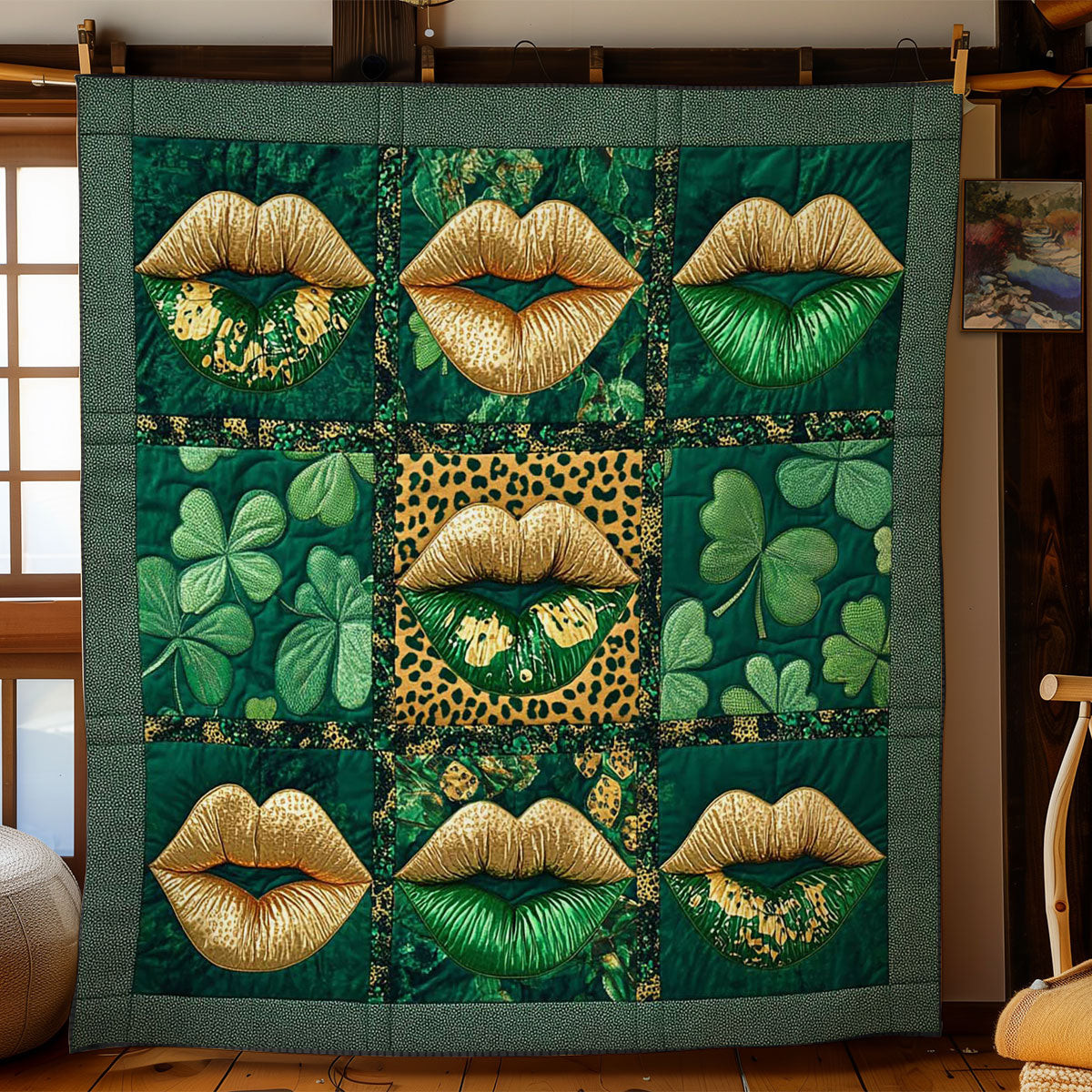 Golden Shamrock Lips Quilt Blanket Best Throws For Sofas Blanket St Patrick's Day Gift Ideas