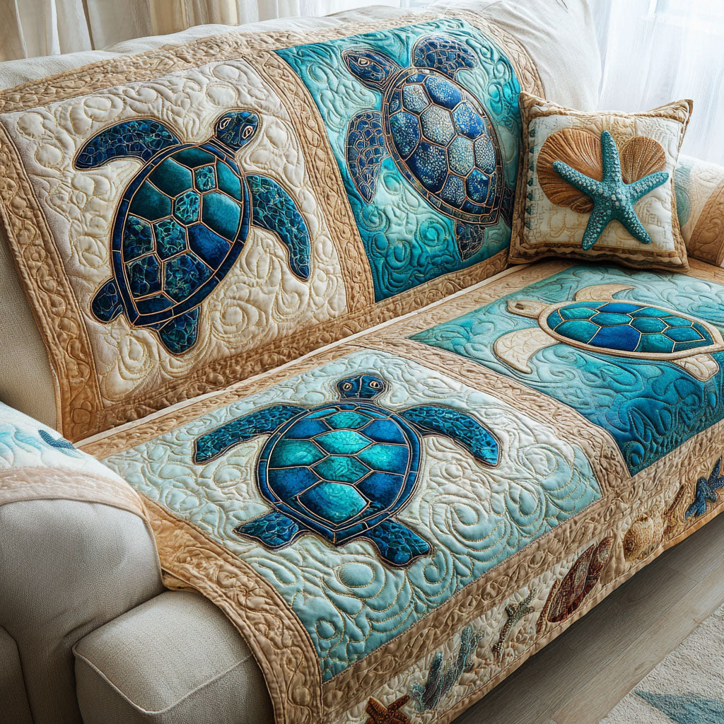 Golden Shells Quilted Sofa Cover Living Room Decor Christmas Gifts For People Who Loves Sea Turtle