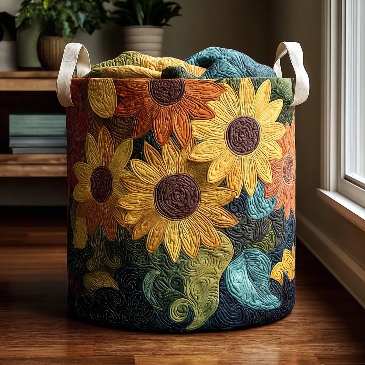 Golden Sunflowers Quilted Laundry Basket Rustic Sunflower  Hamper Gift For Sunflower Lovers