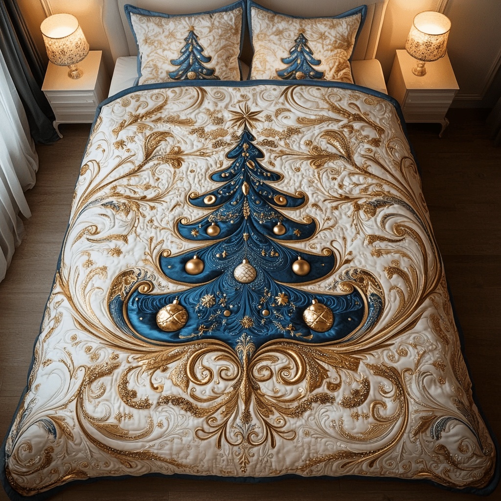 Golden Tree Magic Quilted Bedding Set Christmas Holiday Bedroom Decor Festive Gift Ideas