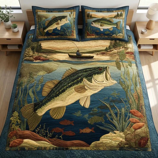 Golden Trout Quilted Bedding Set Fishing Cabin Bedroom Decor Cozy Home Gift For Anglers