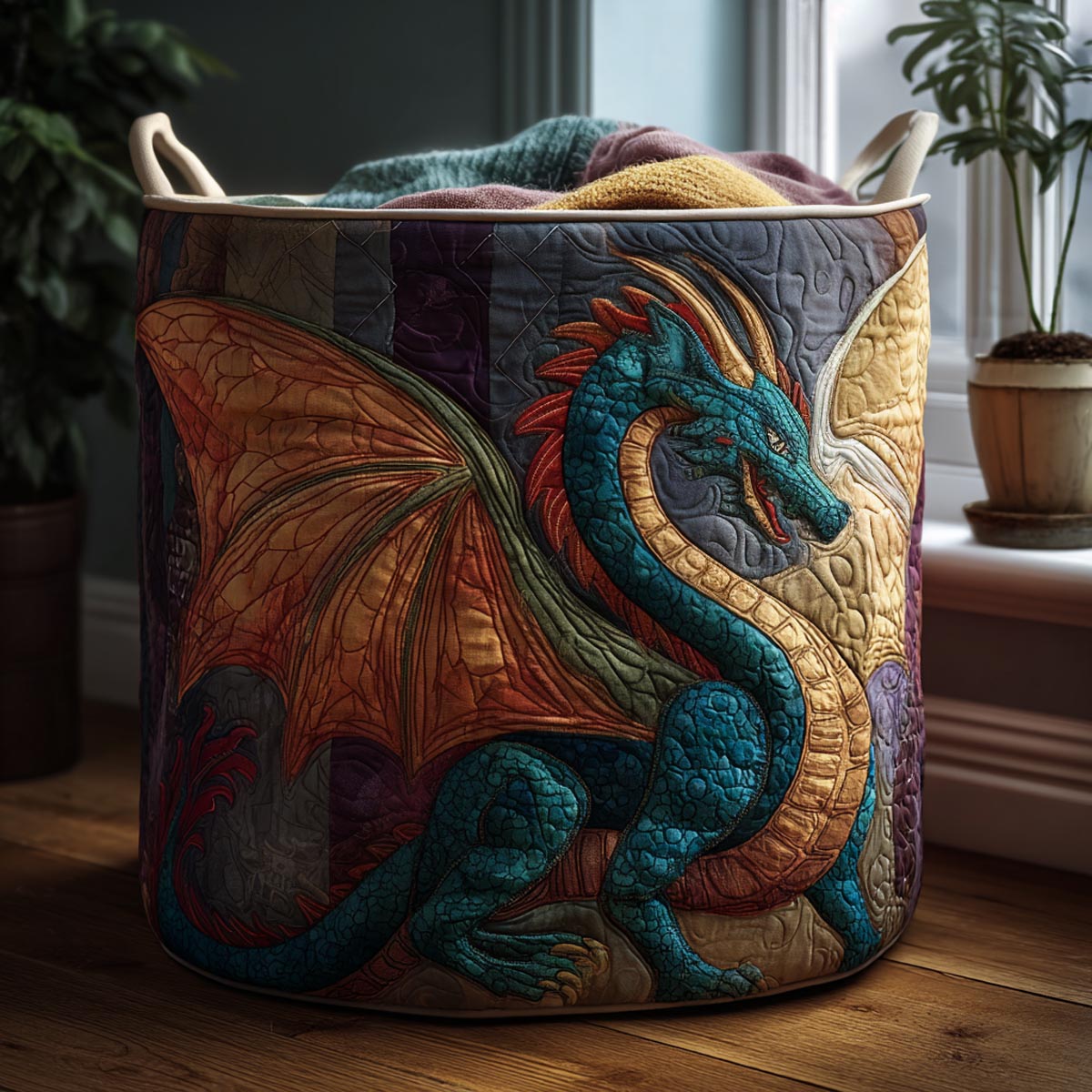 Golden Wyvern Quilted Laundry Basket Fantasy Dragon Basket Fabric Rustic Home Gift