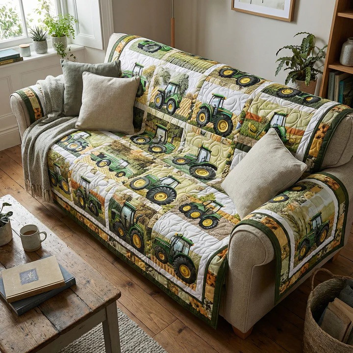 Green Acre Memories Quilted Sofa Cover Rustic Farmhouse Furniture Protector Best Gift For Farm Fans