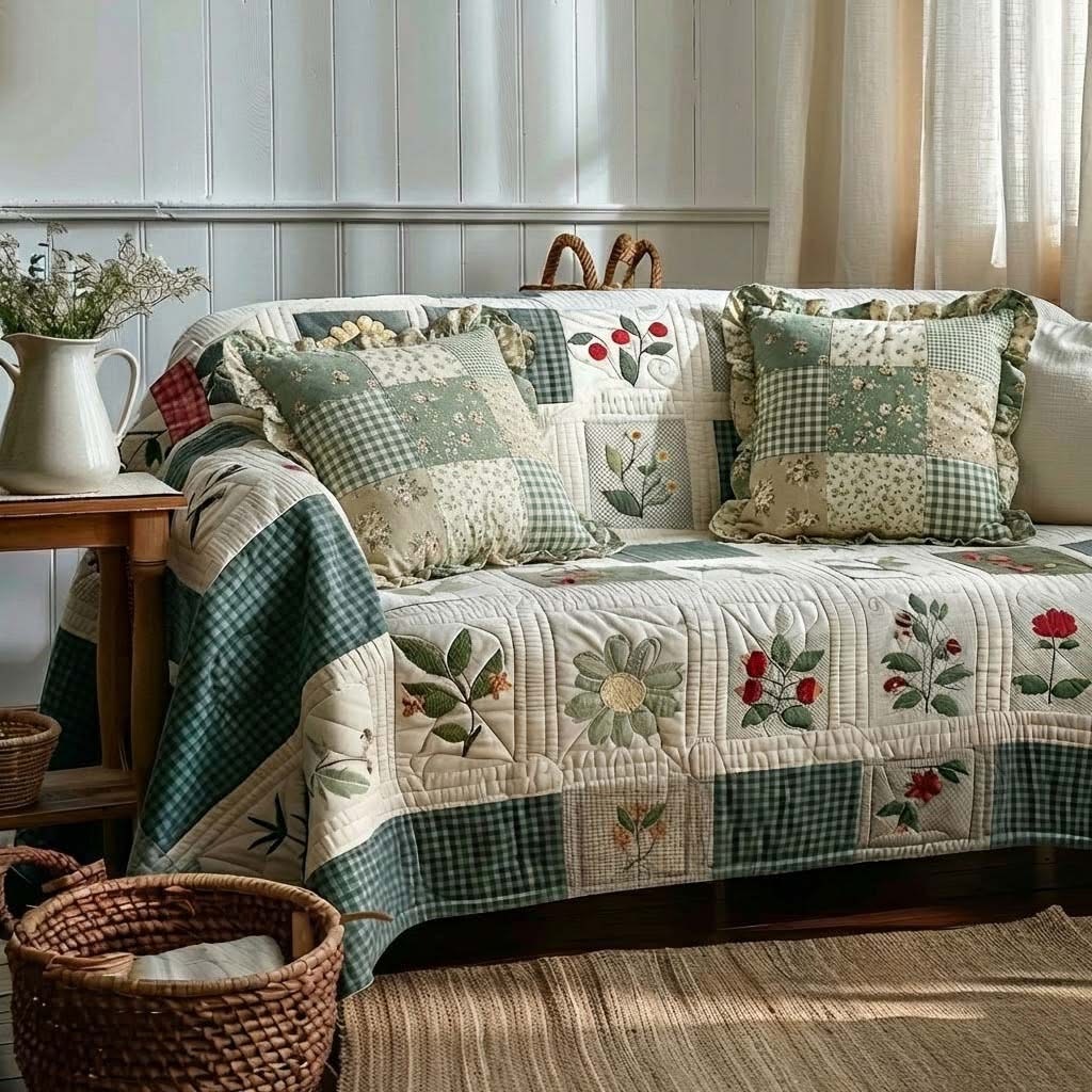 Green Gingham Garden Quilted Sofa Cover Furniture Covers For Sofas Gifts For Grandma