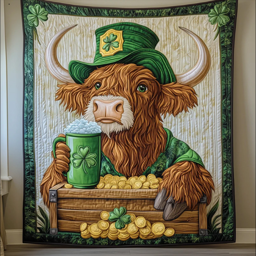 Green Hat Highland Cow Drink Beer Lucky Money Patrick's Day Quilt Blanket Best Gift For Irish