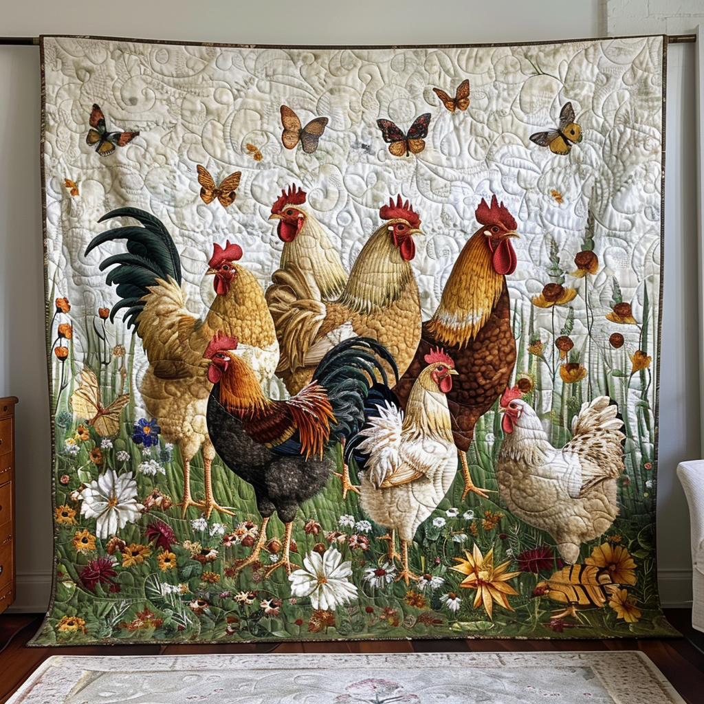Green Meadow Chicken Quilted Blanket King Comforter Sets Gifts For People With Chickens