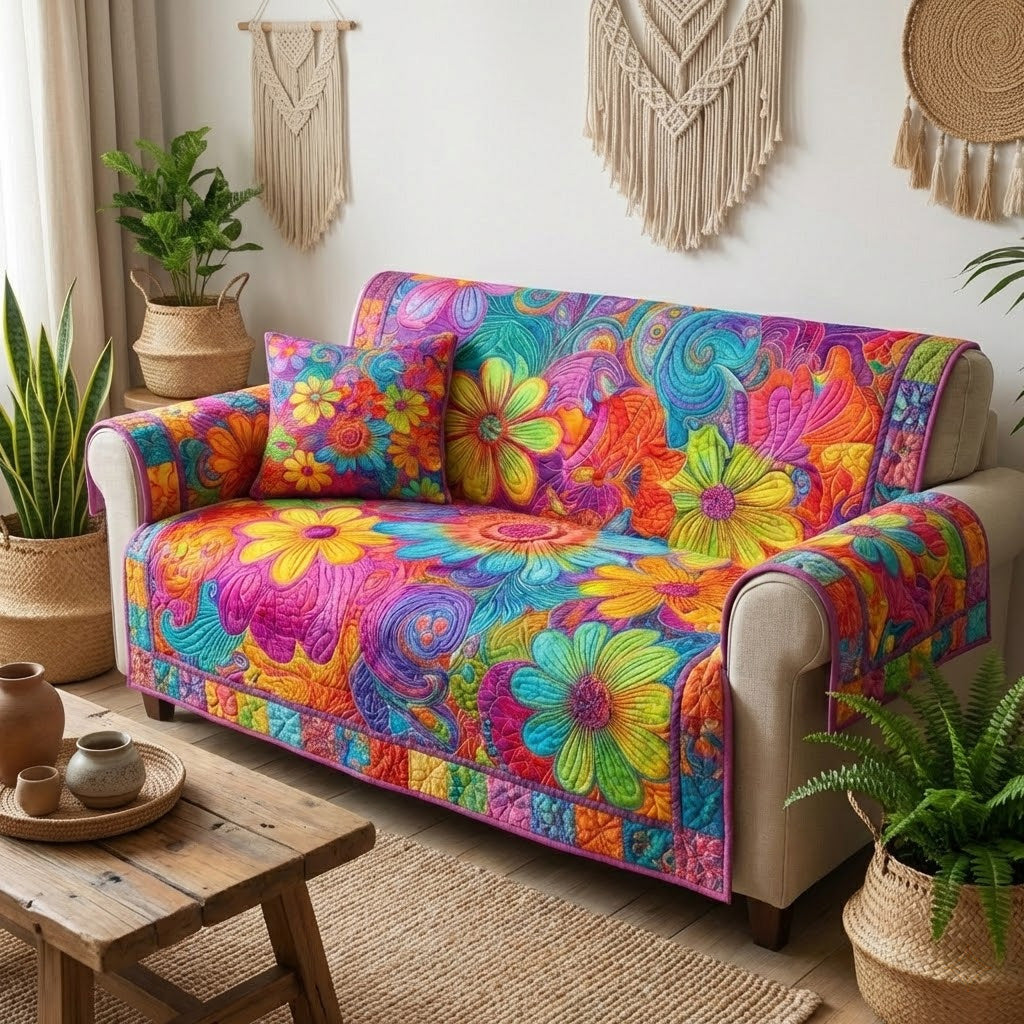 Groovy Bloomscape Quilted Sofa Cover Sofa Blanket Cover Gifts For Hippie Guys