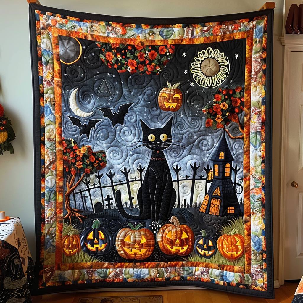 Halloween Black Cat Quilted Blanket Bedroom Room Decor Gift For Cat Lover