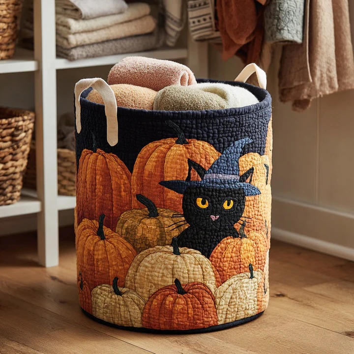 Halloween Black Cat Quilted Laundry Basket Witch Pumpkin Spooky Home Decor Gift For Cat Lovers