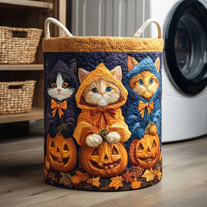 Halloween Cat Quilted Laundry Basket Cute Cats In Costumes Pumpkin Home Gift For Cat Lovers