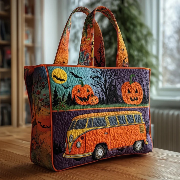 Halloween Hippie Van Quilted Tote Bag Pumpkin Bat Night Bag Best Halloween Gift For Women