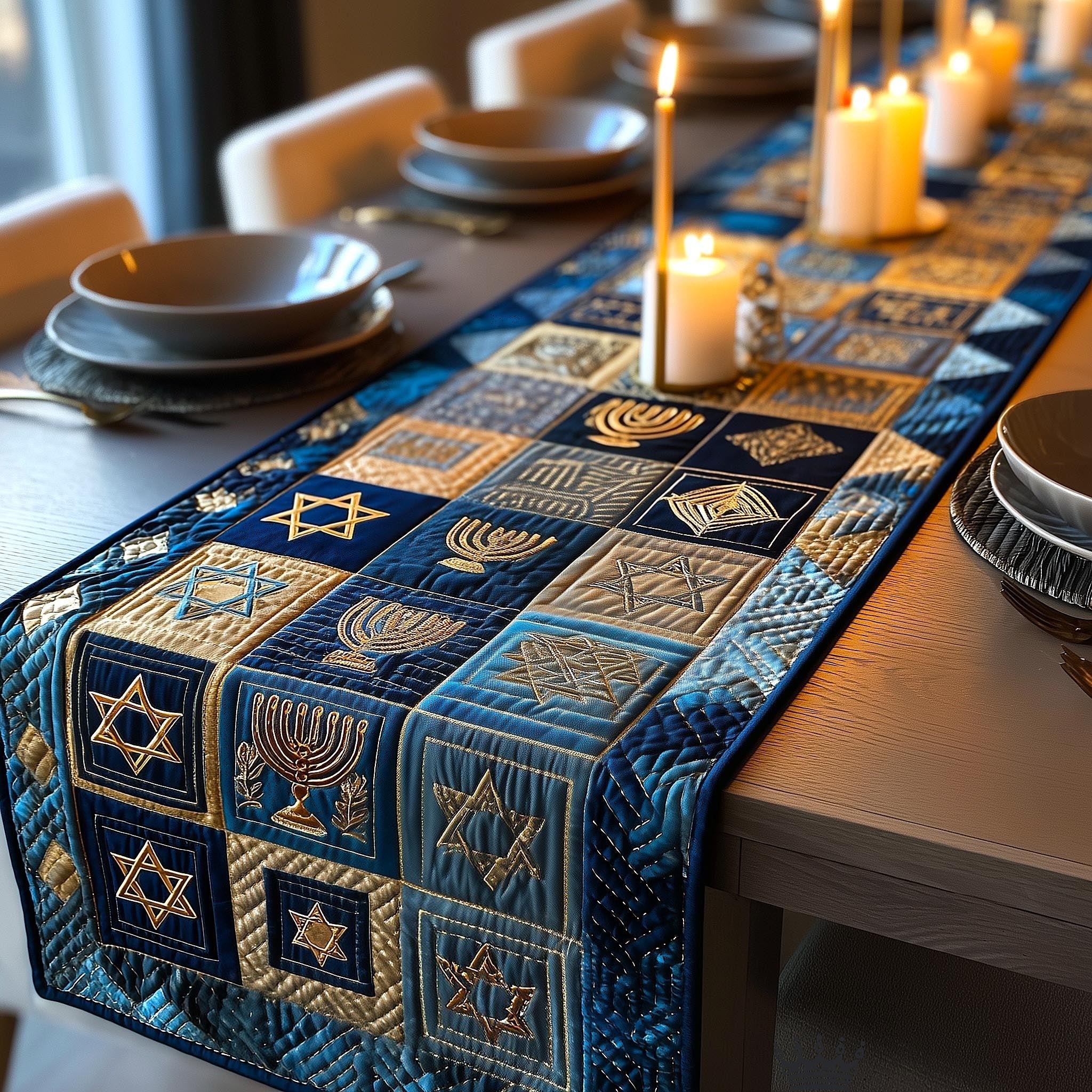 Hanukkah Glow Quilted Table Runner Rustic Kitchen Dining Decor Gift For Cozy Family Home