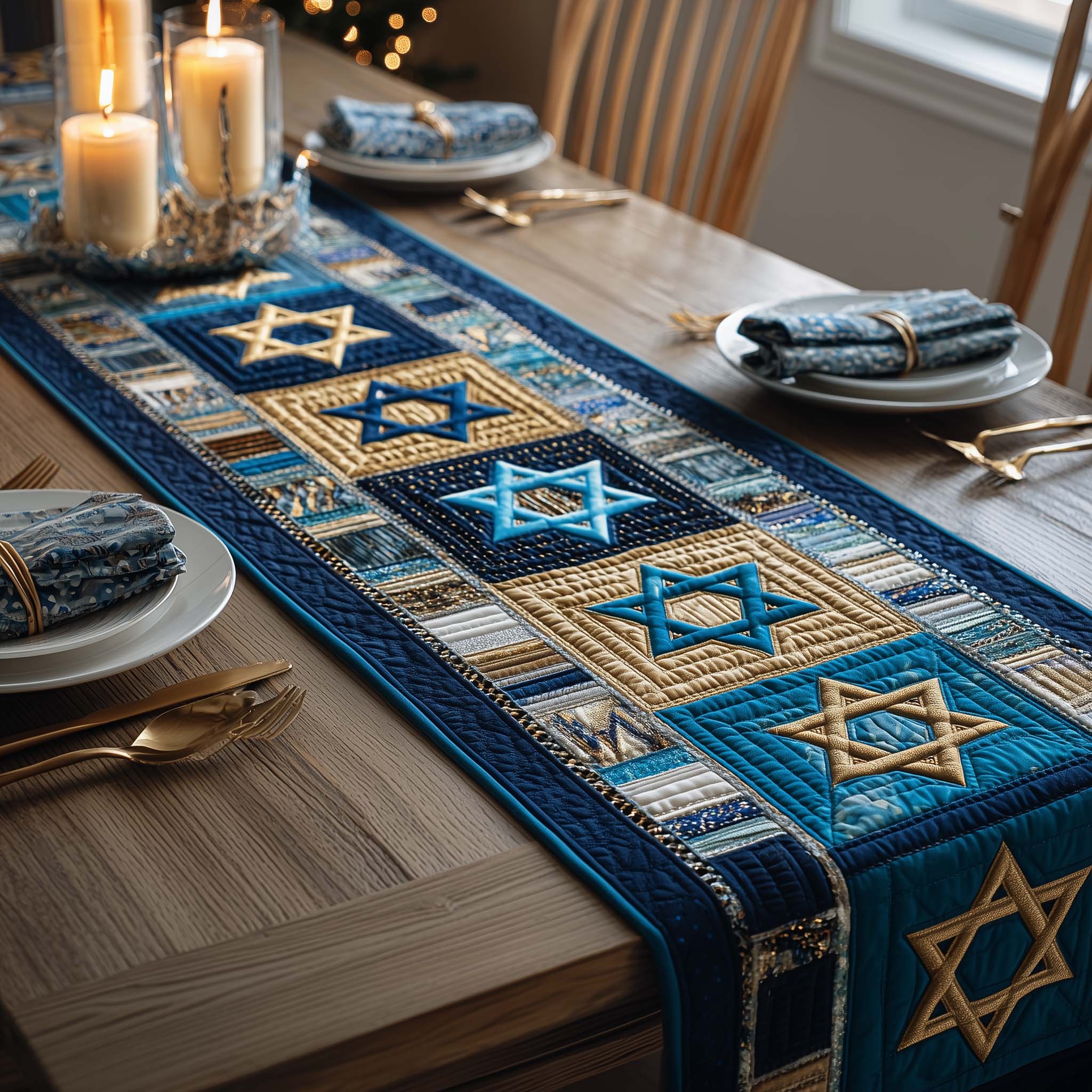 Hanukkah Quilted Table Runner Rustic Kitchen Dining Decor Gift For Cozy Family Home Elegant