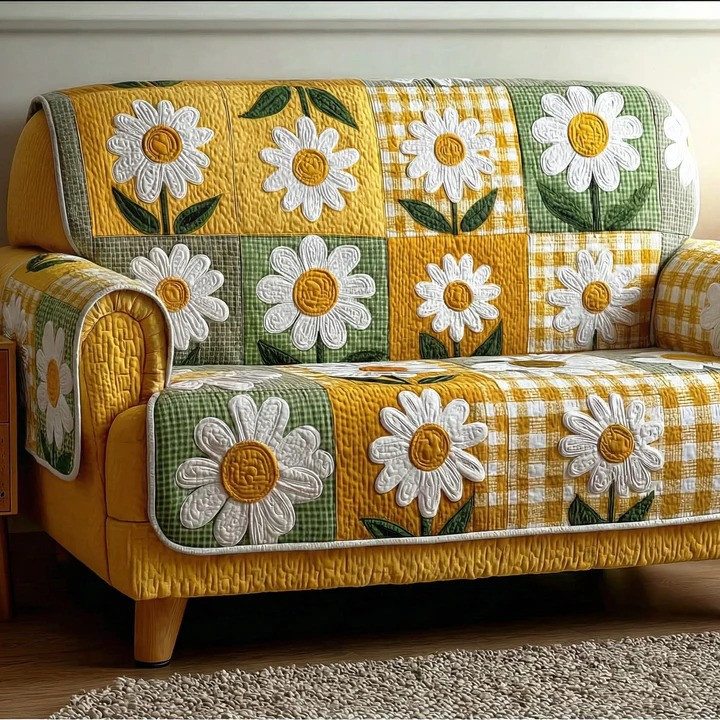 Happy Daisy Quilted Sofa Cover Cheerful Floral Furniture Protector Best Gift For Flower Lovers Mom