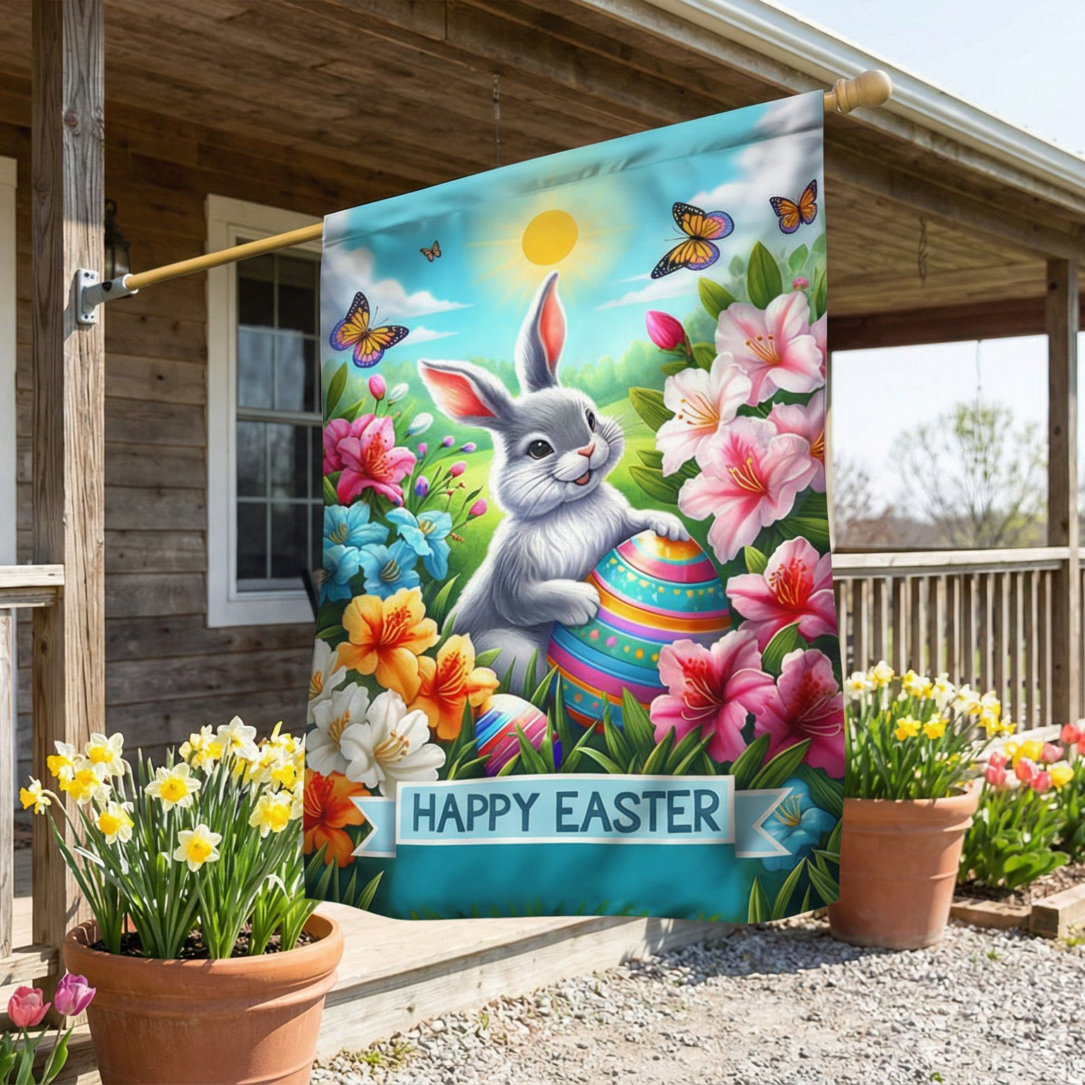 Happy Easter Bunny Flag Spring Floral Easter Flag Good Gift For Husband