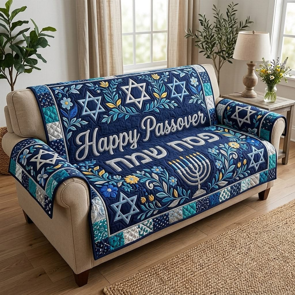 Happy Passover Heritage Quilted Sofa Cover Judaica Living Room Decor Jewish Holiday Gifts