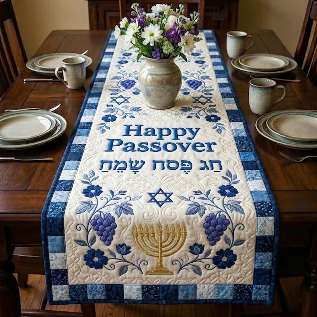 Happy Passover Quilted Table Runner Pesach Blessing Table Decor Holiday Jewish Gifts