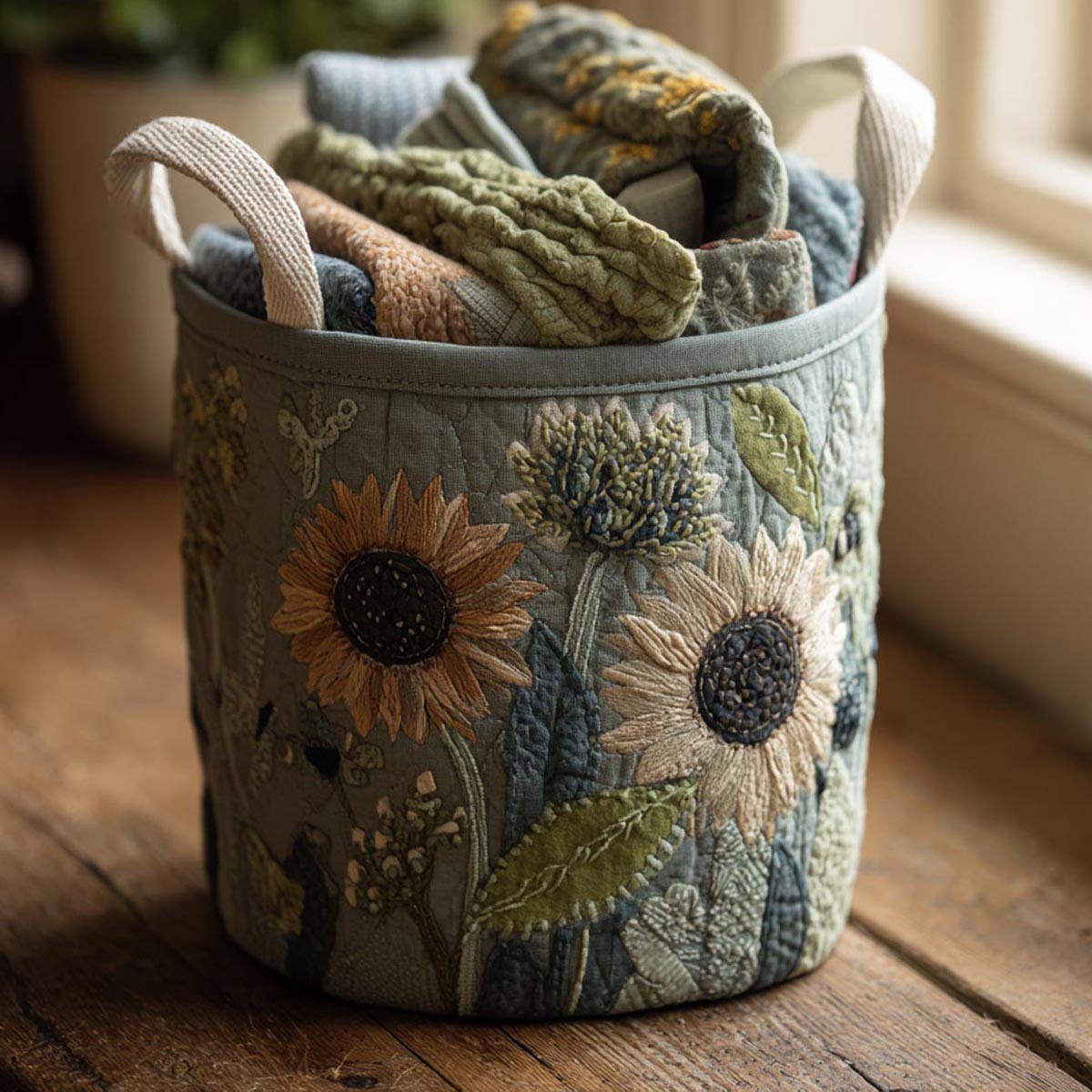Harvest Sun Quilted Laundry Basket Sunflower Field Hamper Fabric Gift For Her