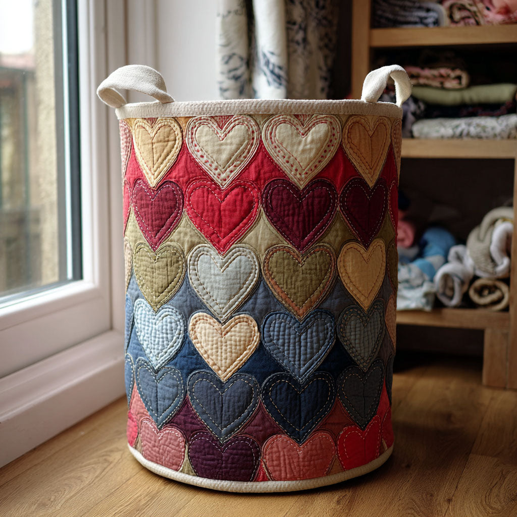 Heartfield Quilted Laundry Basket Colorful Heart Patchwork Clothes Hamper Gift For Mom