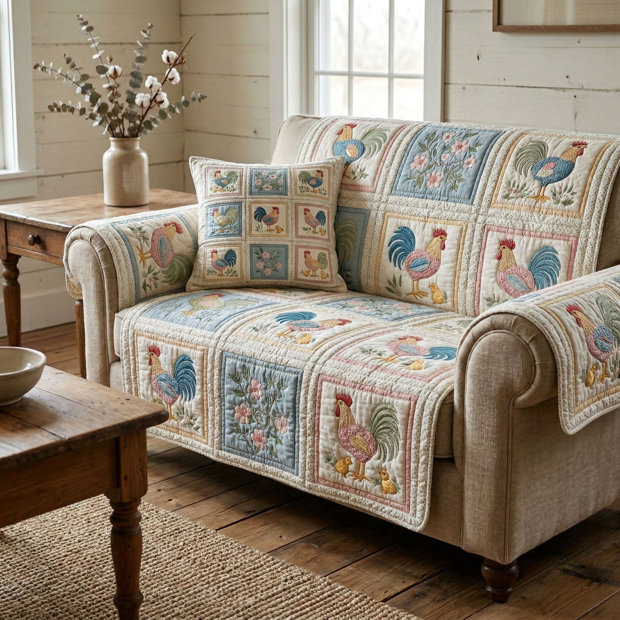 Heirloom Rooster Squares Quilted Sofa Cover Sofa Seat Protector Gifts For People With Chickens