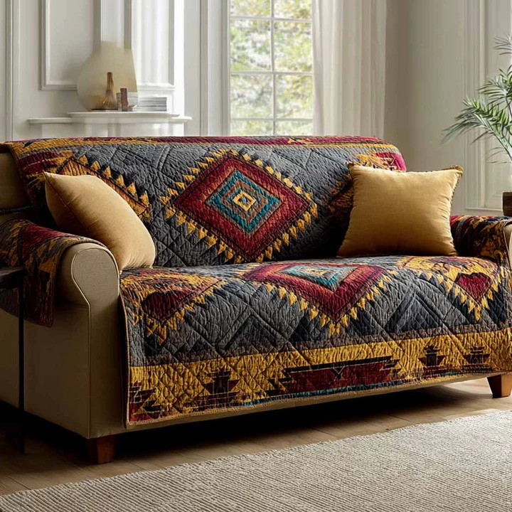 Heritage Diamonds Quilted Sofa Cover Boho Geometric Furniture Protector Best Home Decor Gift Ideas