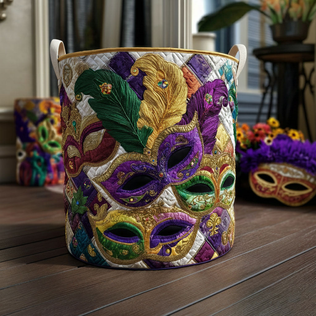 Hidden Smiles Quilted Laundry Basket Carnival Mask Fabric Basket  Gift For Her