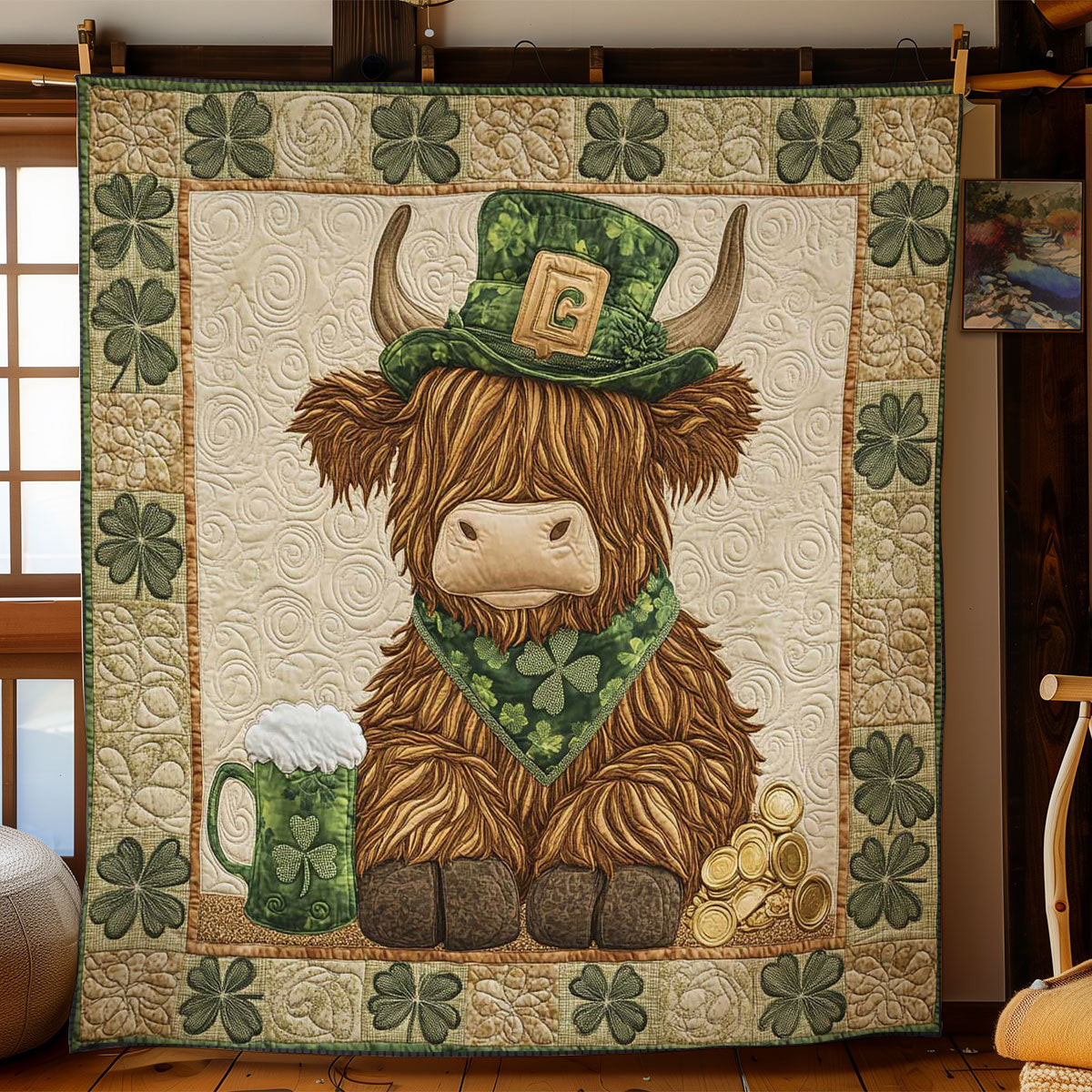 Highland Cow and Shamrocks Quilt Blanket Best Throws For Sofas Blanket Great Gift Ideas For St Patrick's Day