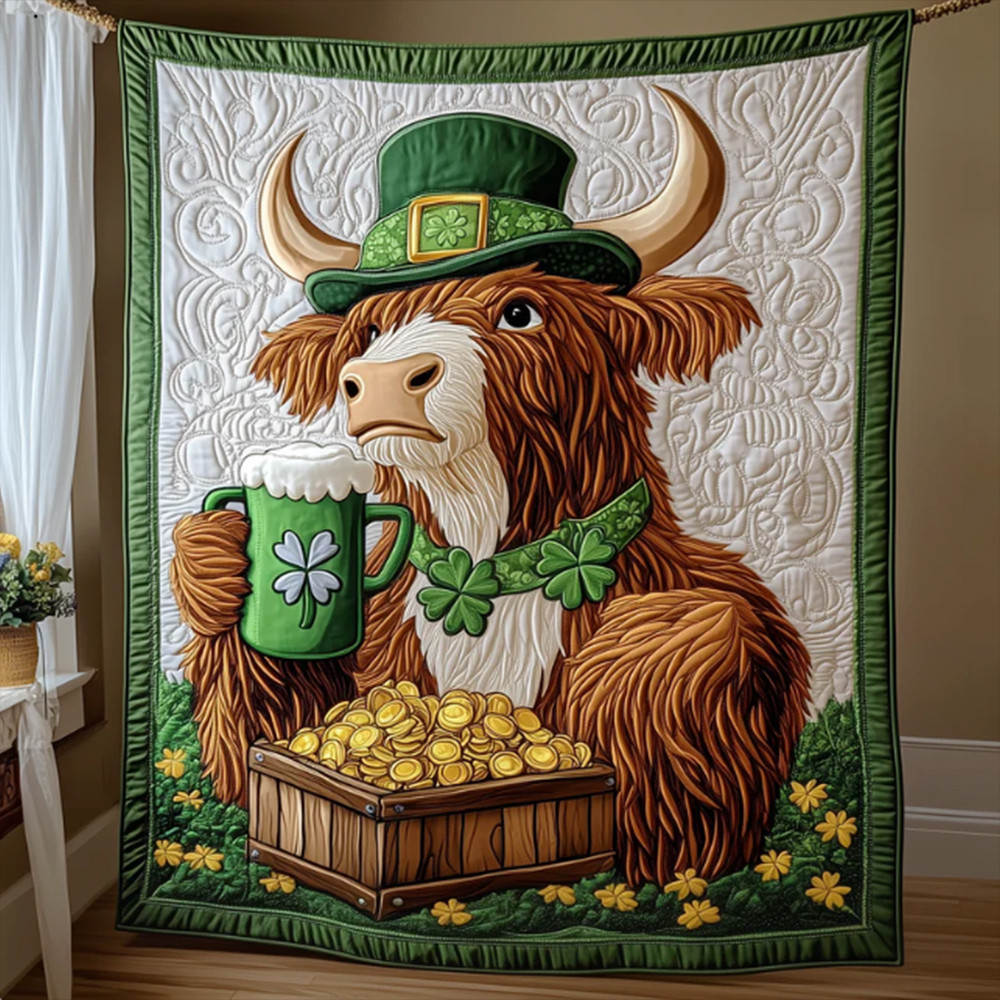 Highland Cow Beer Lucky Money Patrick's Day Quilt Blanket Best Gift For Irish
