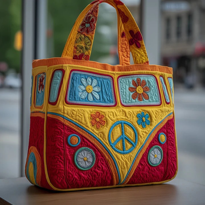 Hippie Bus Quilted Tote Bag Yellow Red Peace Sign Bag Best Gift For Boho Women