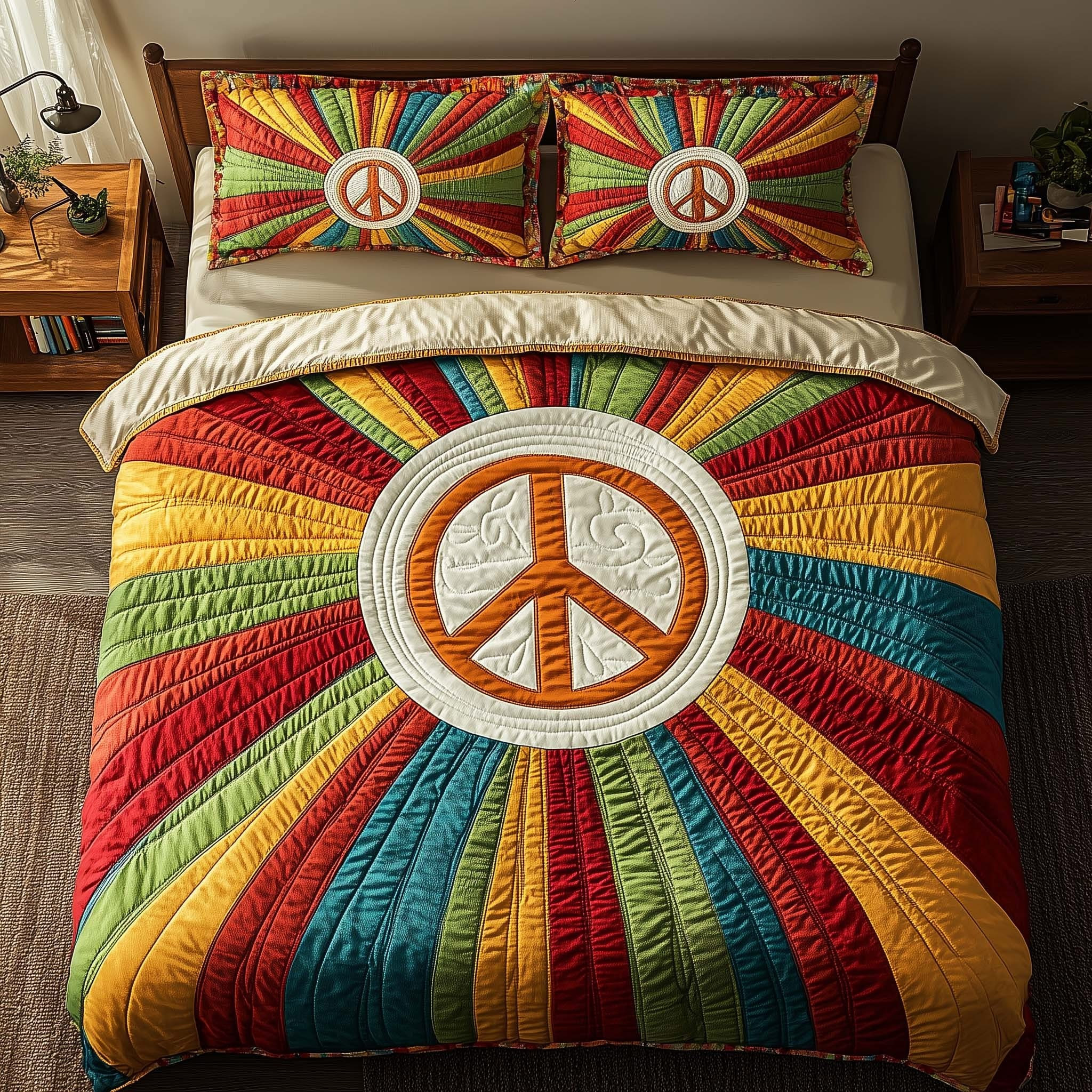 Hippie Peace Quilted Bedding Set Rustic Bedroom Decor Ideas Gifts For Boyfriend