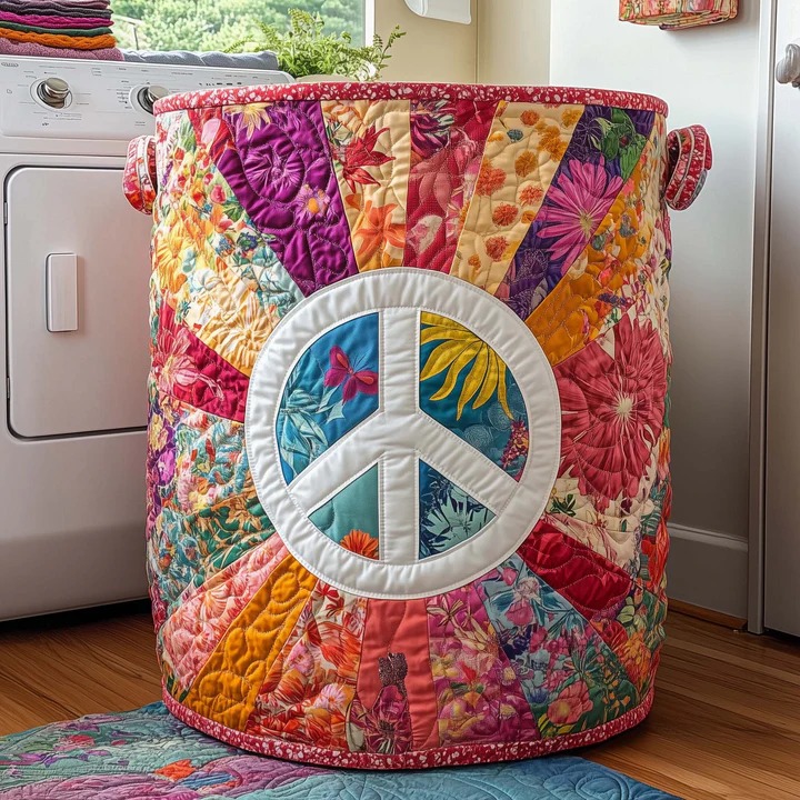 Hippie Peace Sign Boho Floral Quilted Laundry Basket Pink Sunburst Home Storage Best Gift Ideas