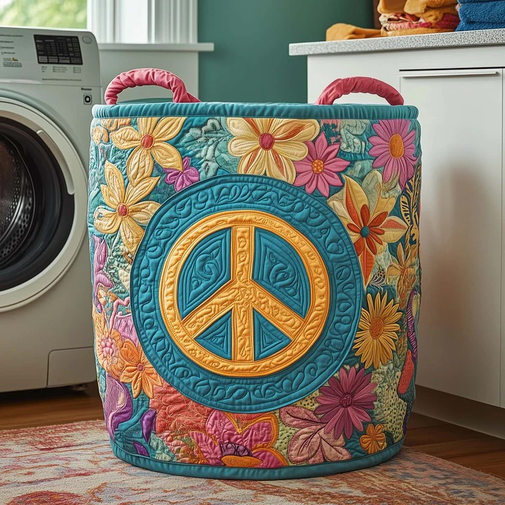 Hippie Peace Sign Floral Quilted Laundry Basket Boho Wildflower Teal Home Decor Best Gift Idea