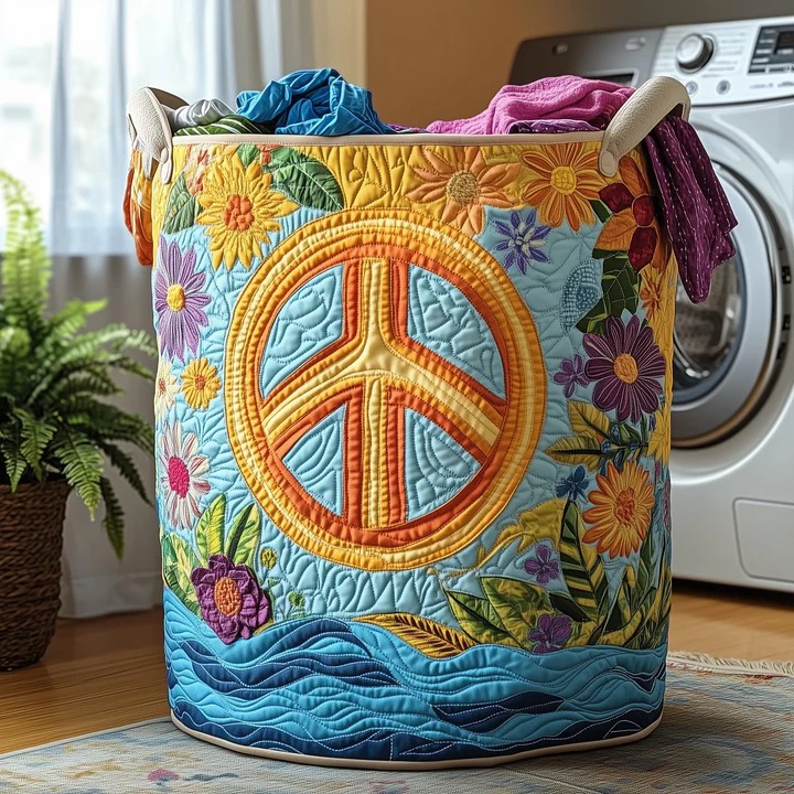 Hippie Peace Sign Quilted Laundry Basket Sunflower Boho Beach Floral Home Storage Gift Idea